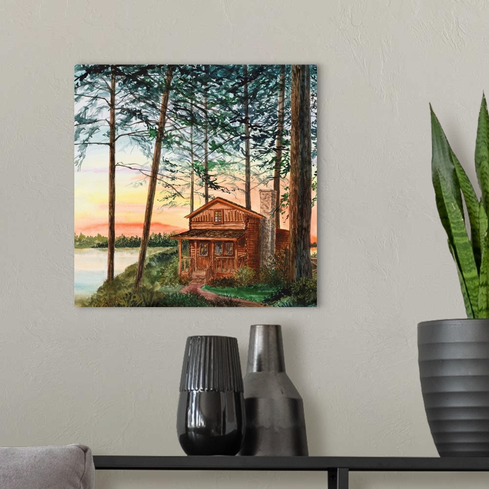 A modern room featuring Painting of a cabin in the woods next to a lake, beneath tall trees at sunset.