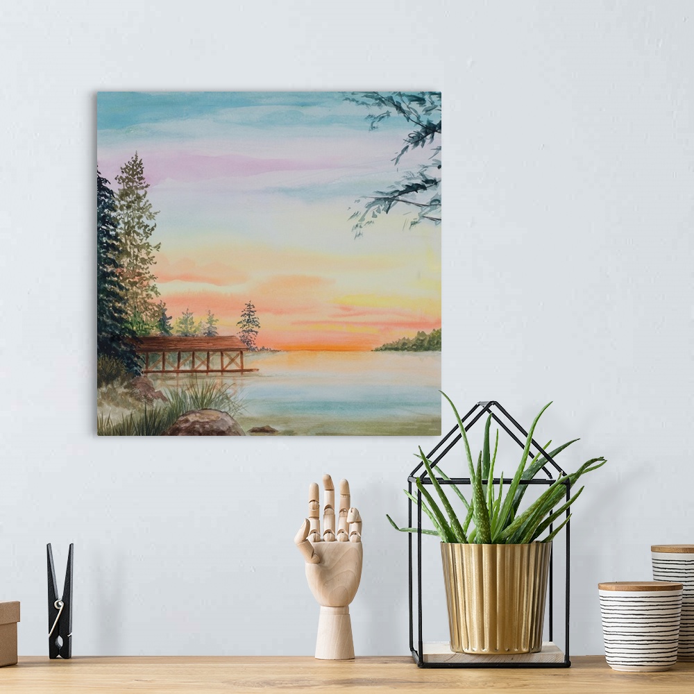 A bohemian room featuring Painting of a dock on a lake surrounded by trees at sunset,