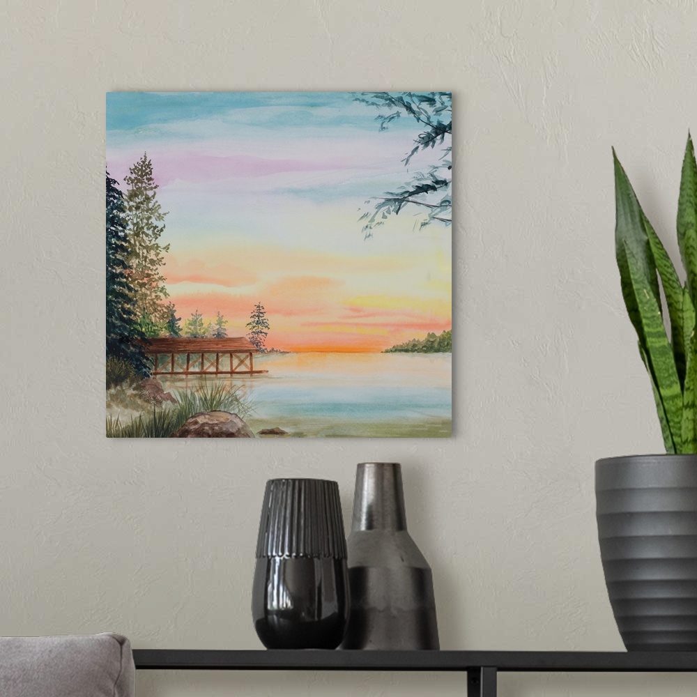 A modern room featuring Painting of a dock on a lake surrounded by trees at sunset,