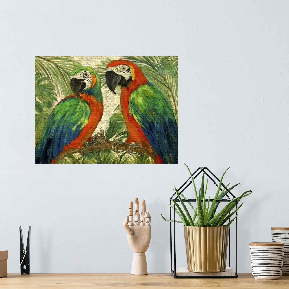 A bohemian room featuring Contemporary painting of two parrots on a branch surrounded by lush green trees and plants on a b...