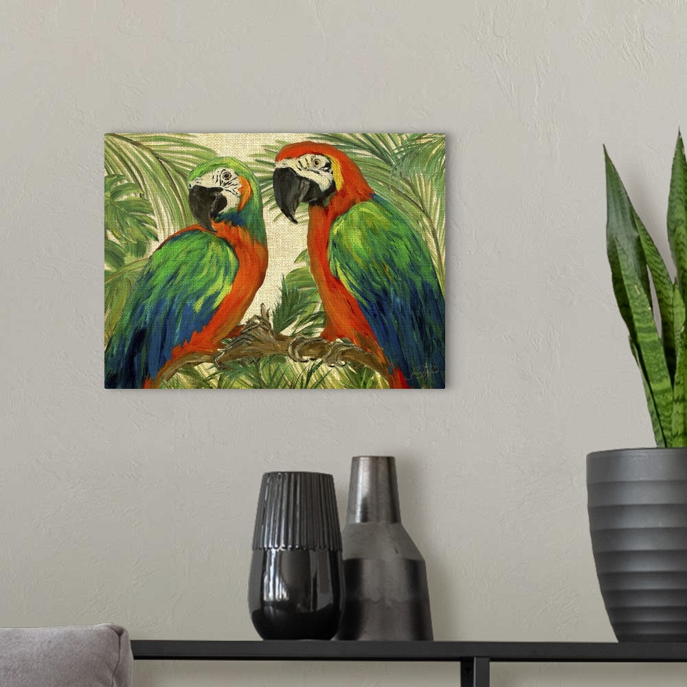 A modern room featuring Contemporary painting of two parrots on a branch surrounded by lush green trees and plants on a b...