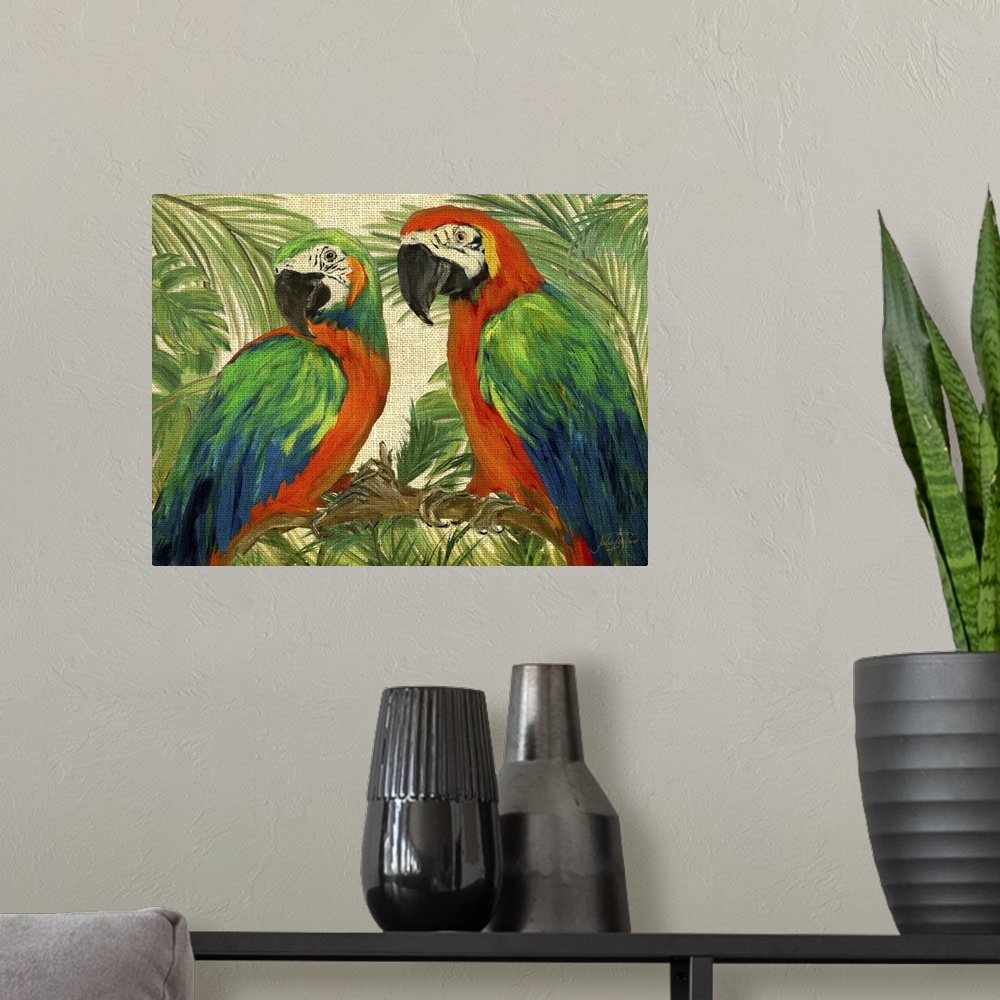 A modern room featuring Contemporary painting of two parrots on a branch surrounded by lush green trees and plants on a b...
