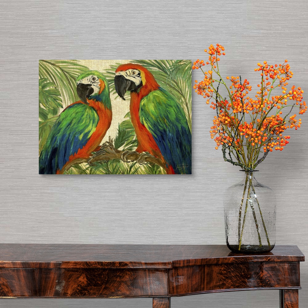 A traditional room featuring Contemporary painting of two parrots on a branch surrounded by lush green trees and plants on a b...