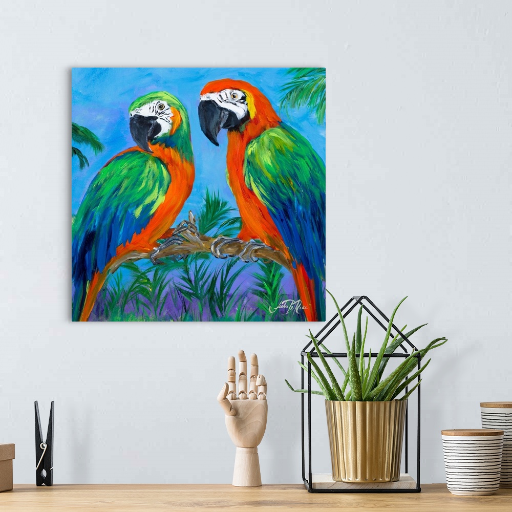 A bohemian room featuring Square contemporary painting of two parrots on a branch surrounded by lush green trees and plants.