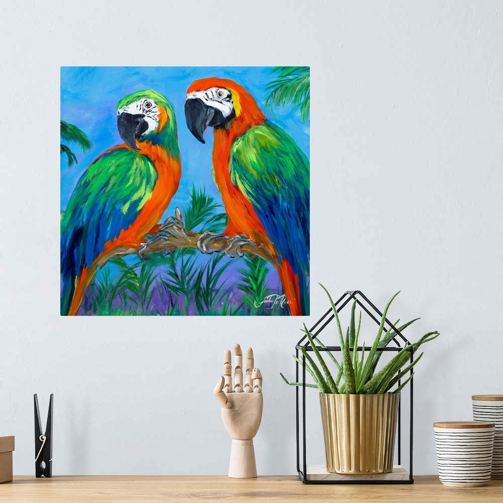 A bohemian room featuring Square contemporary painting of two parrots on a branch surrounded by lush green trees and plants.