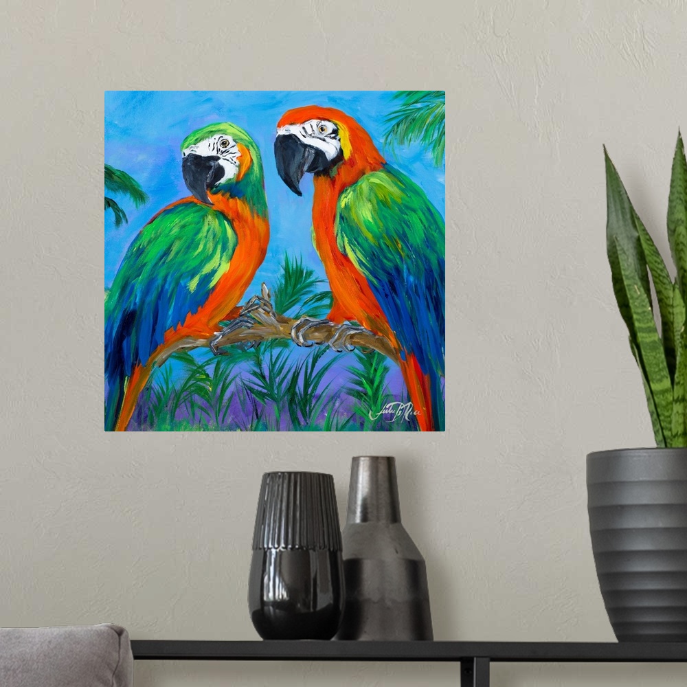 A modern room featuring Square contemporary painting of two parrots on a branch surrounded by lush green trees and plants.