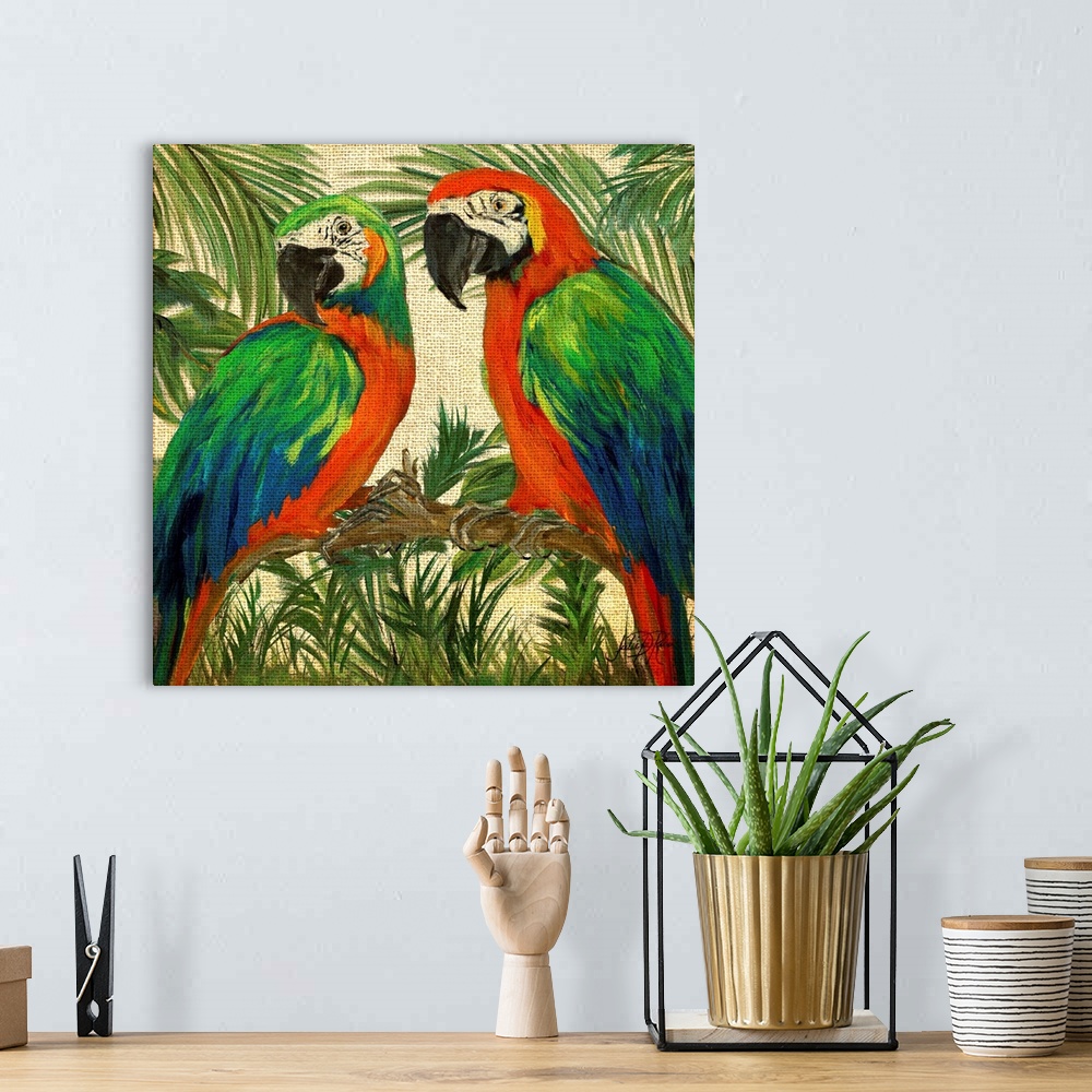 A bohemian room featuring Square contemporary painting of two parrots on a branch surrounded by lush green trees and plants...