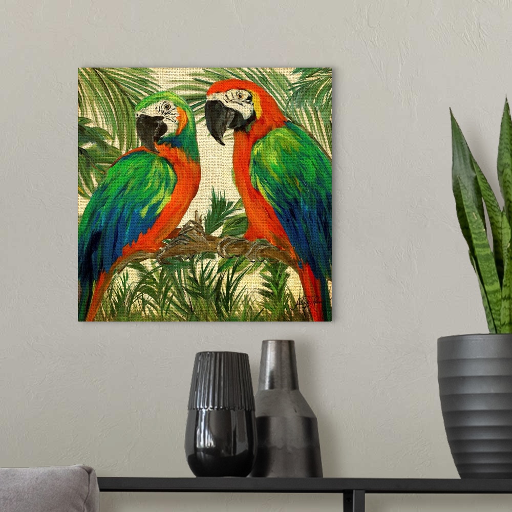 A modern room featuring Square contemporary painting of two parrots on a branch surrounded by lush green trees and plants...