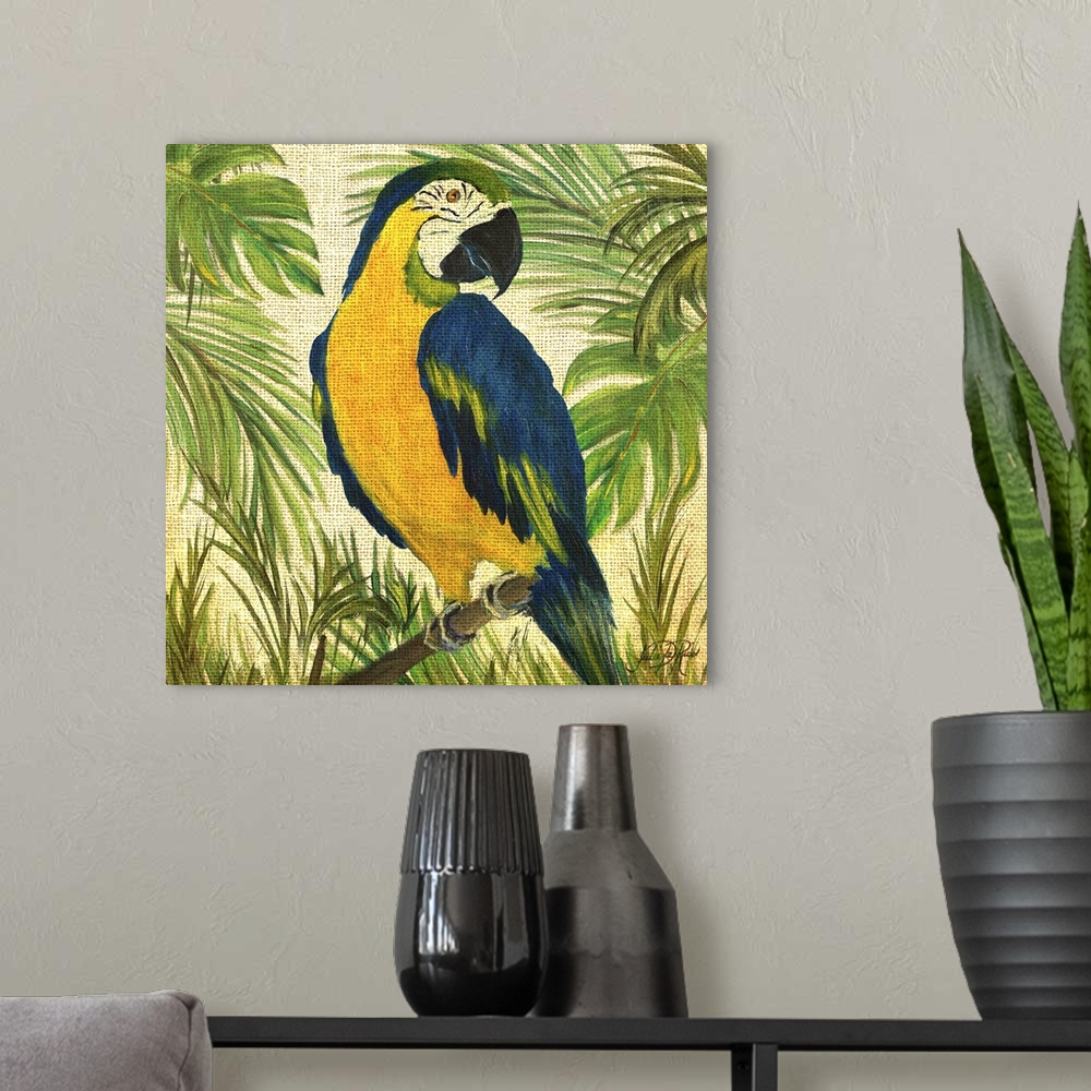 A modern room featuring Square contemporary painting of a parrot on a branch surrounded by lush green trees and plants on...