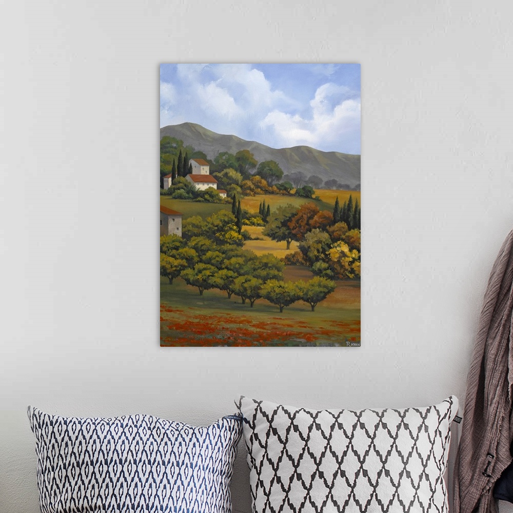 A bohemian room featuring Vertical painting on canvas of a countryside near a village in Italy.