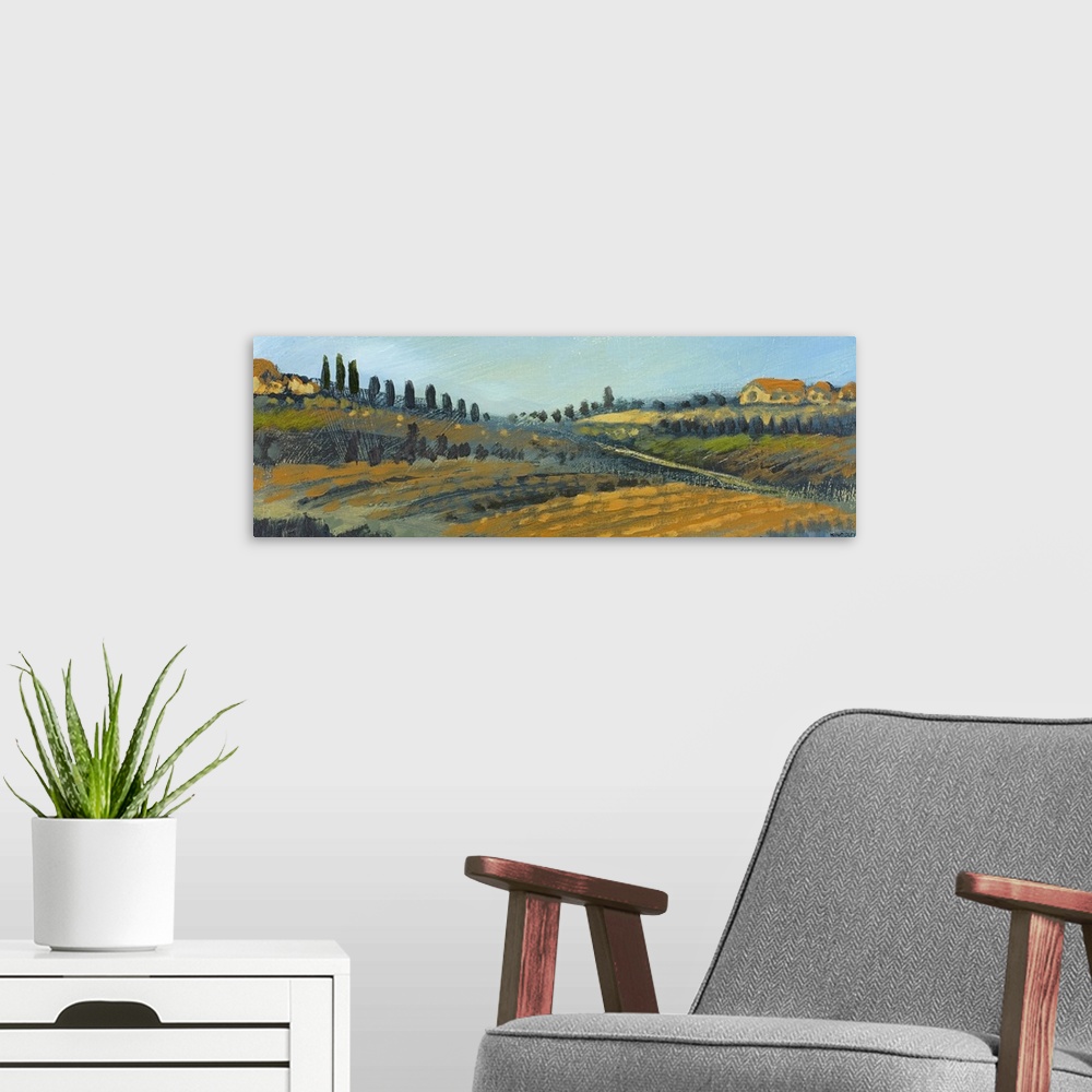 A modern room featuring Panoramic painting of countryside with rolling hills with rowed fills lined with tall skinny cypr...