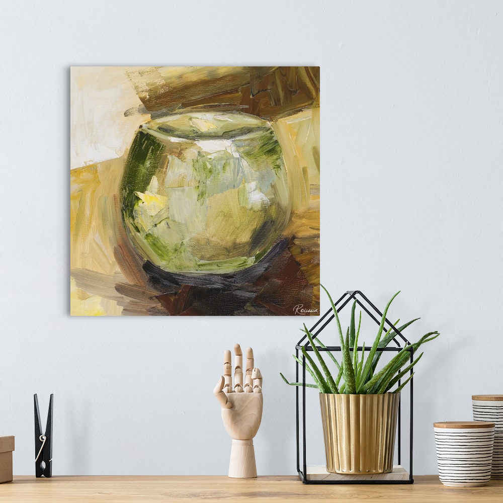 A bohemian room featuring Contemporary artwork of a small green vase.