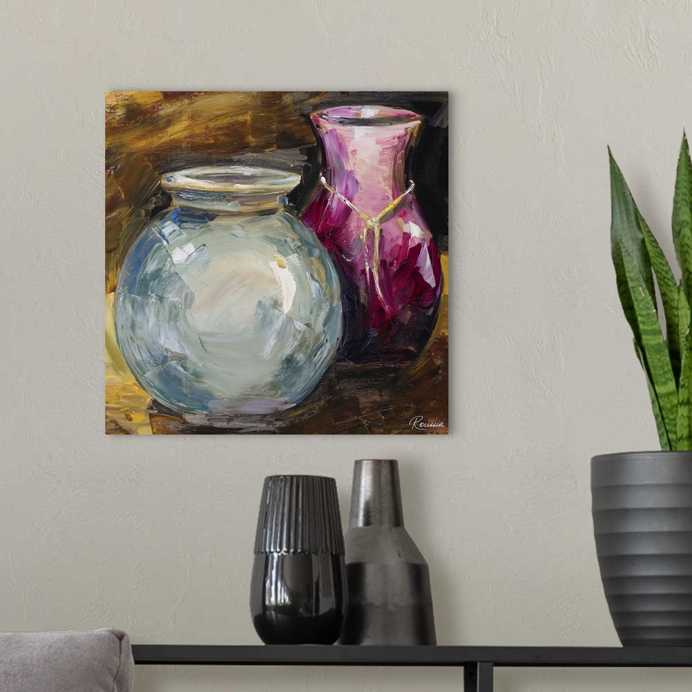 A modern room featuring Contemporary artwork of a blue and pink vase.