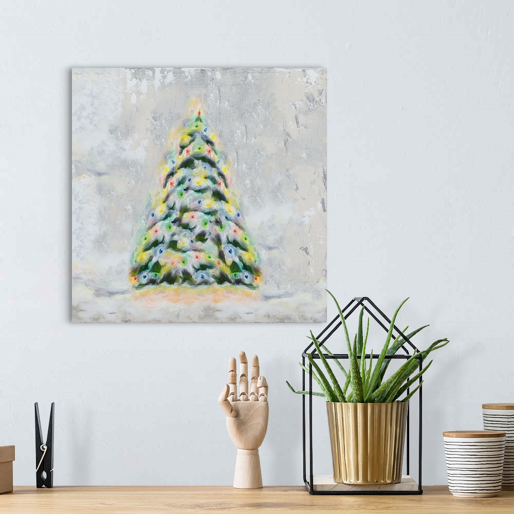 A bohemian room featuring A painting of a snowy and colorfully lit Christmas tree outside.