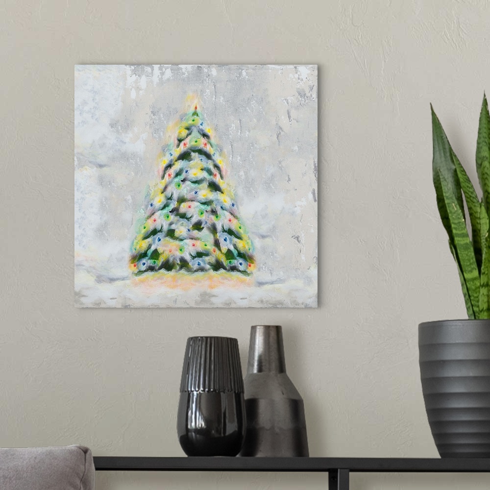 A modern room featuring A painting of a snowy and colorfully lit Christmas tree outside.