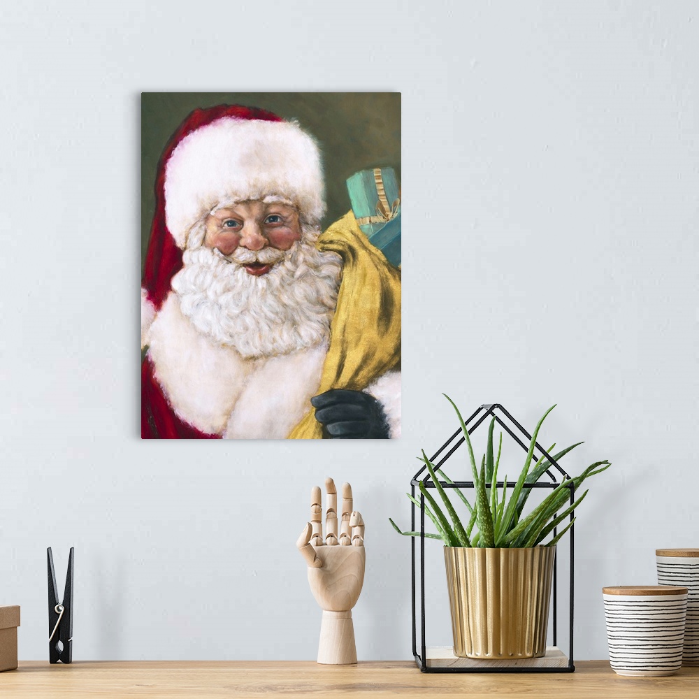 A bohemian room featuring Painting of Santa Claus carrying a large bag of presents.