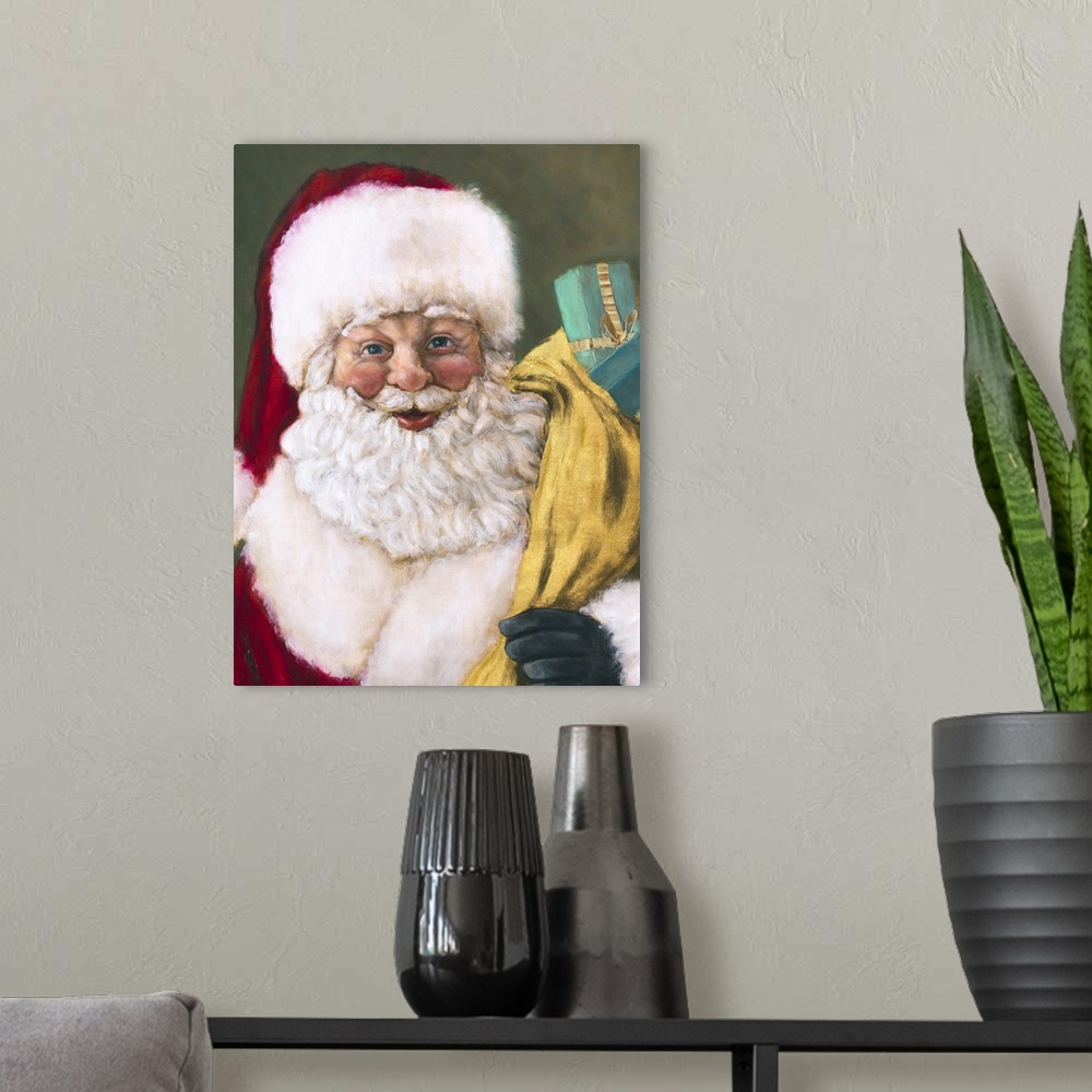 A modern room featuring Painting of Santa Claus carrying a large bag of presents.