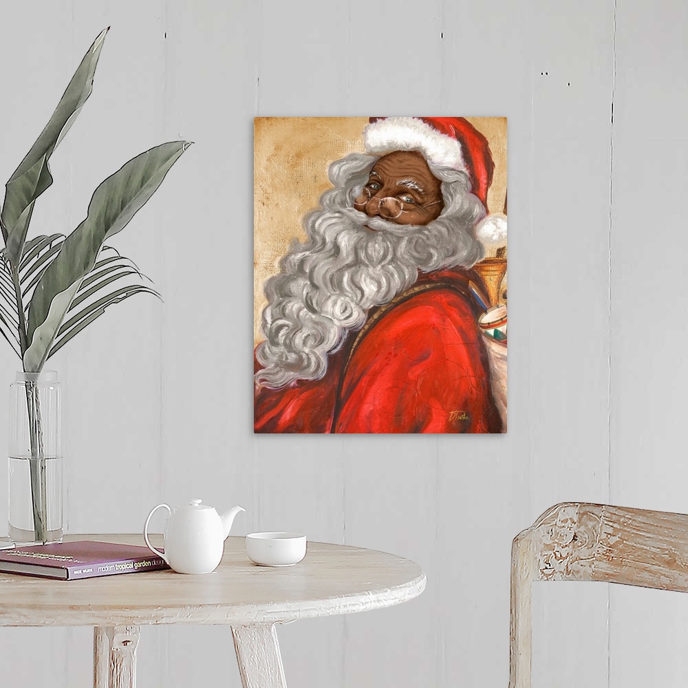 A farmhouse room featuring Portrait of a smiling Santa Claus with a long beard carrying a bag of presents.