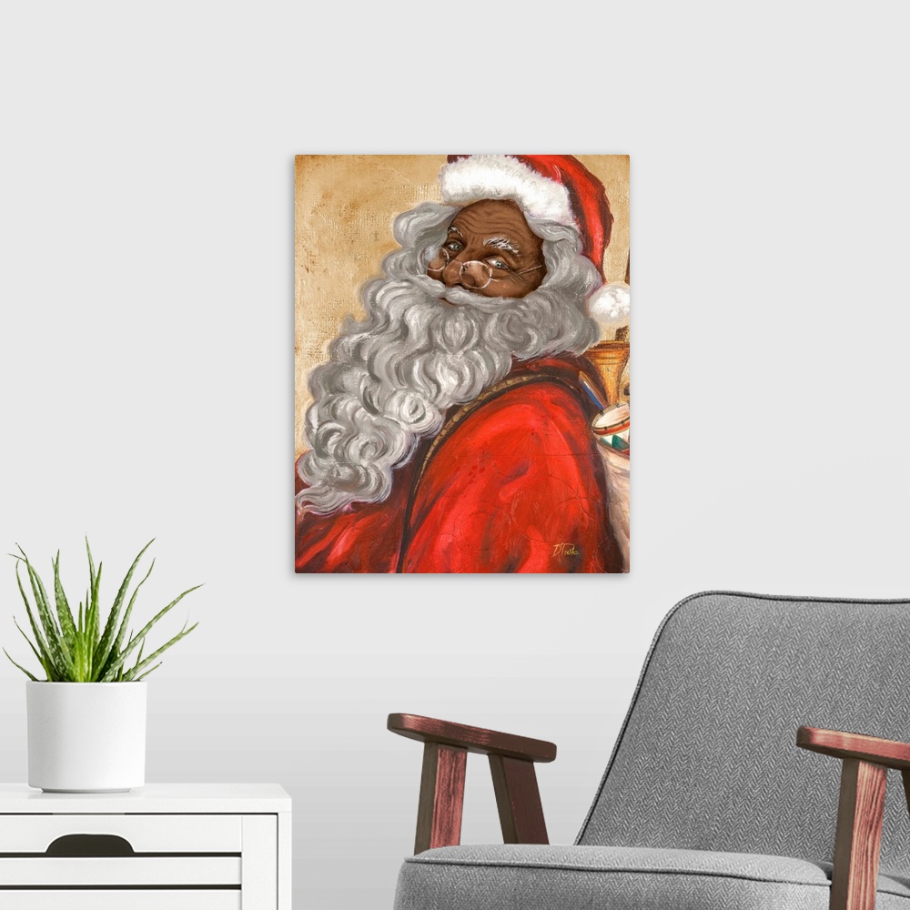 A modern room featuring Portrait of a smiling Santa Claus with a long beard carrying a bag of presents.