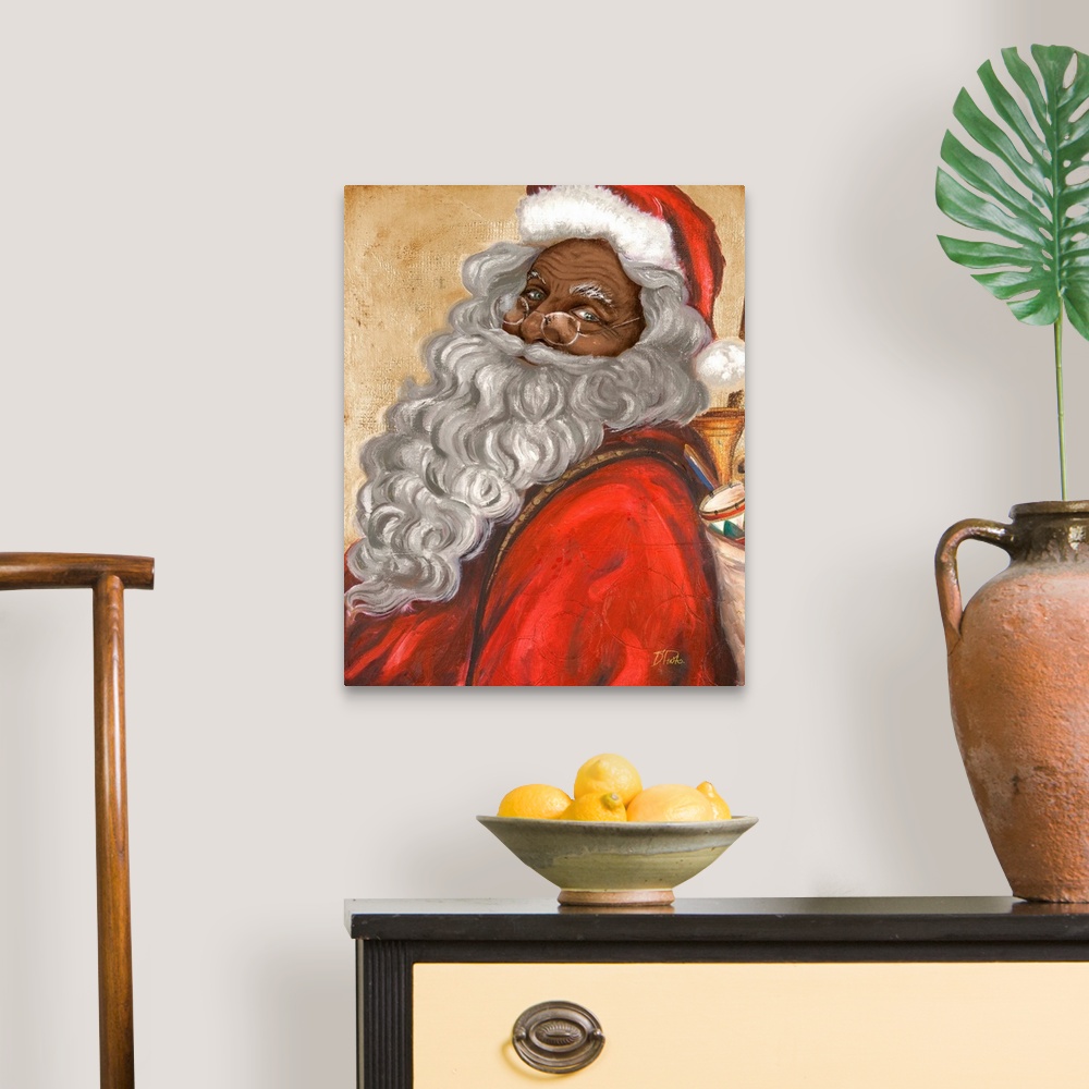 A traditional room featuring Portrait of a smiling Santa Claus with a long beard carrying a bag of presents.