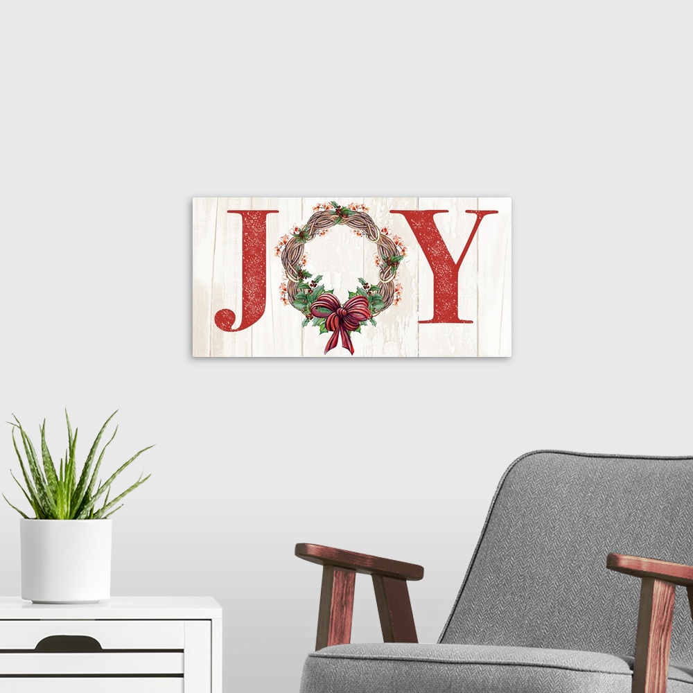 A modern room featuring Joyeux Noel Wreath