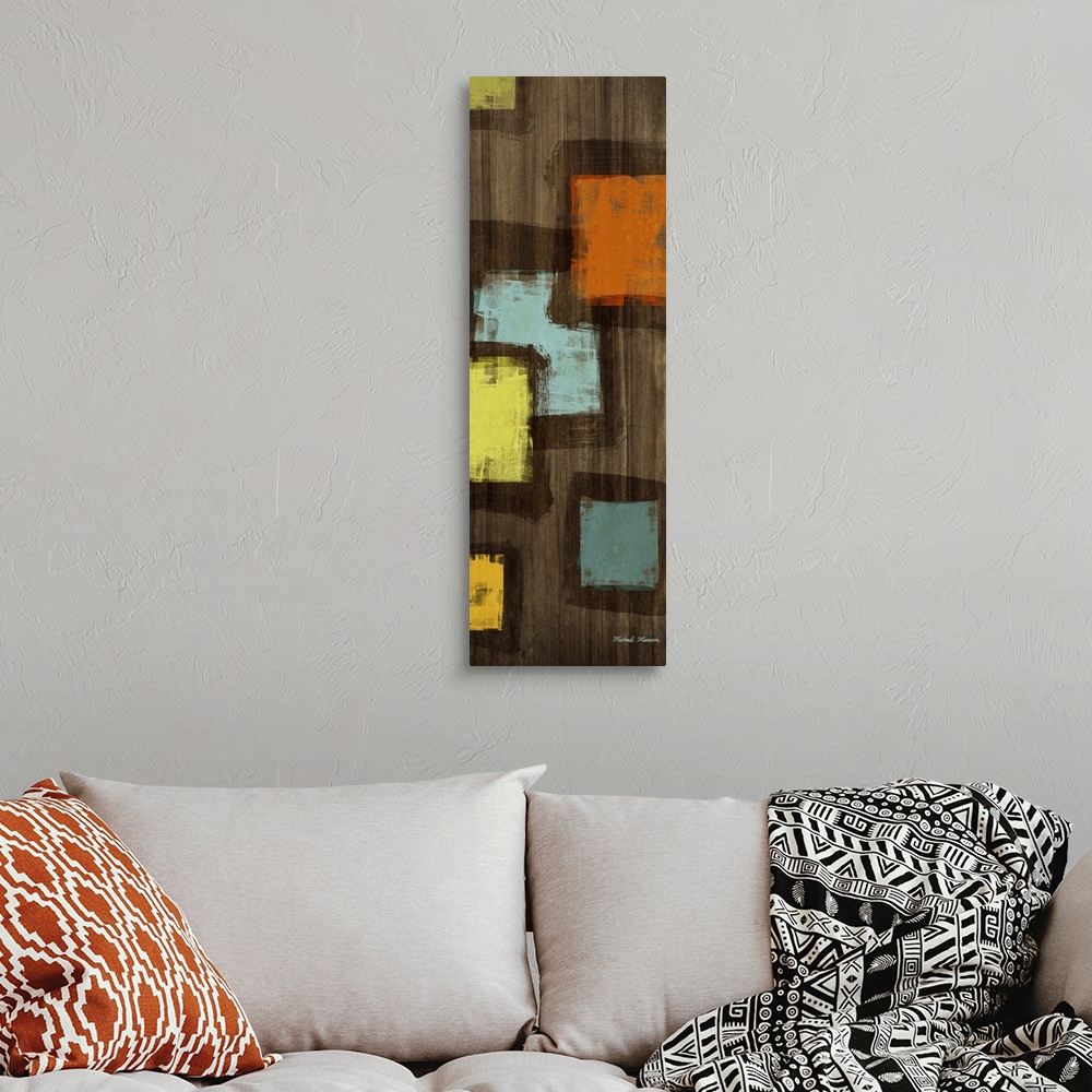 A bohemian room featuring Tall and narrow abstract painting on canvas of vibrant squares on top of a wooden type background.