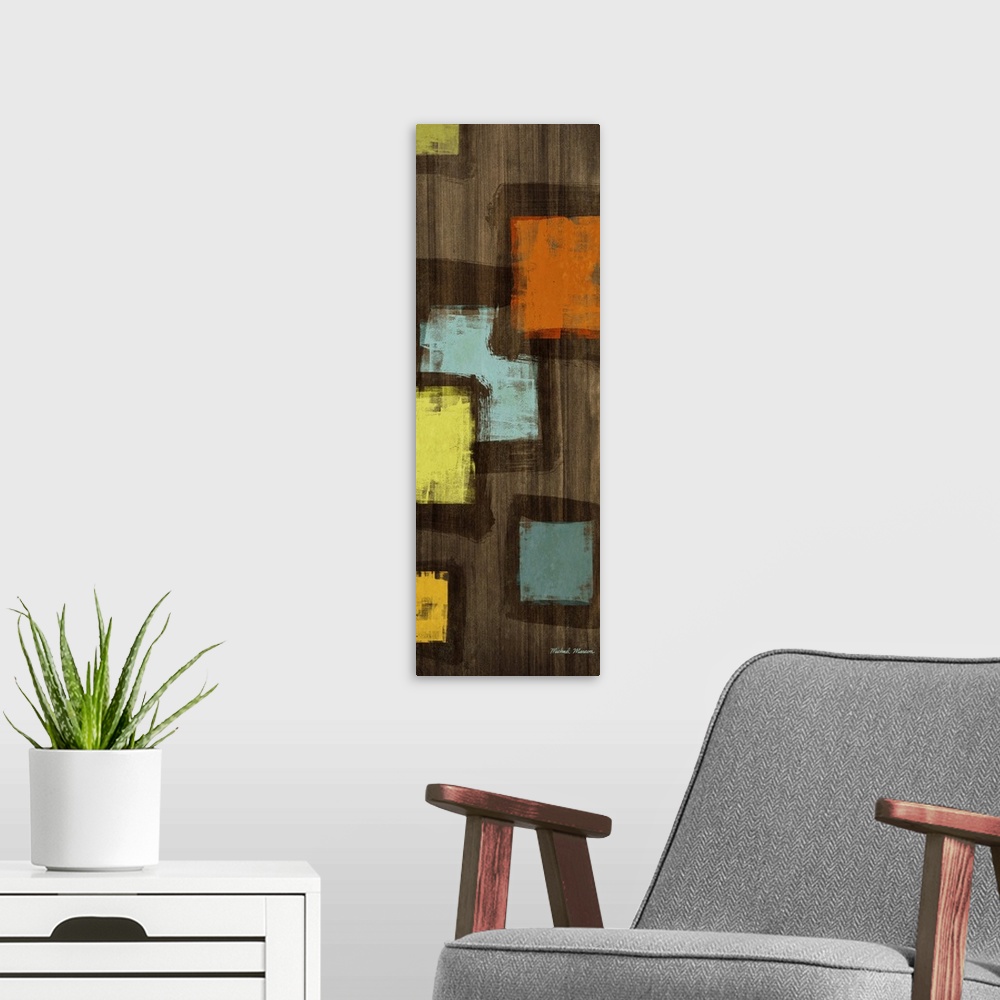 A modern room featuring Tall and narrow abstract painting on canvas of vibrant squares on top of a wooden type background.