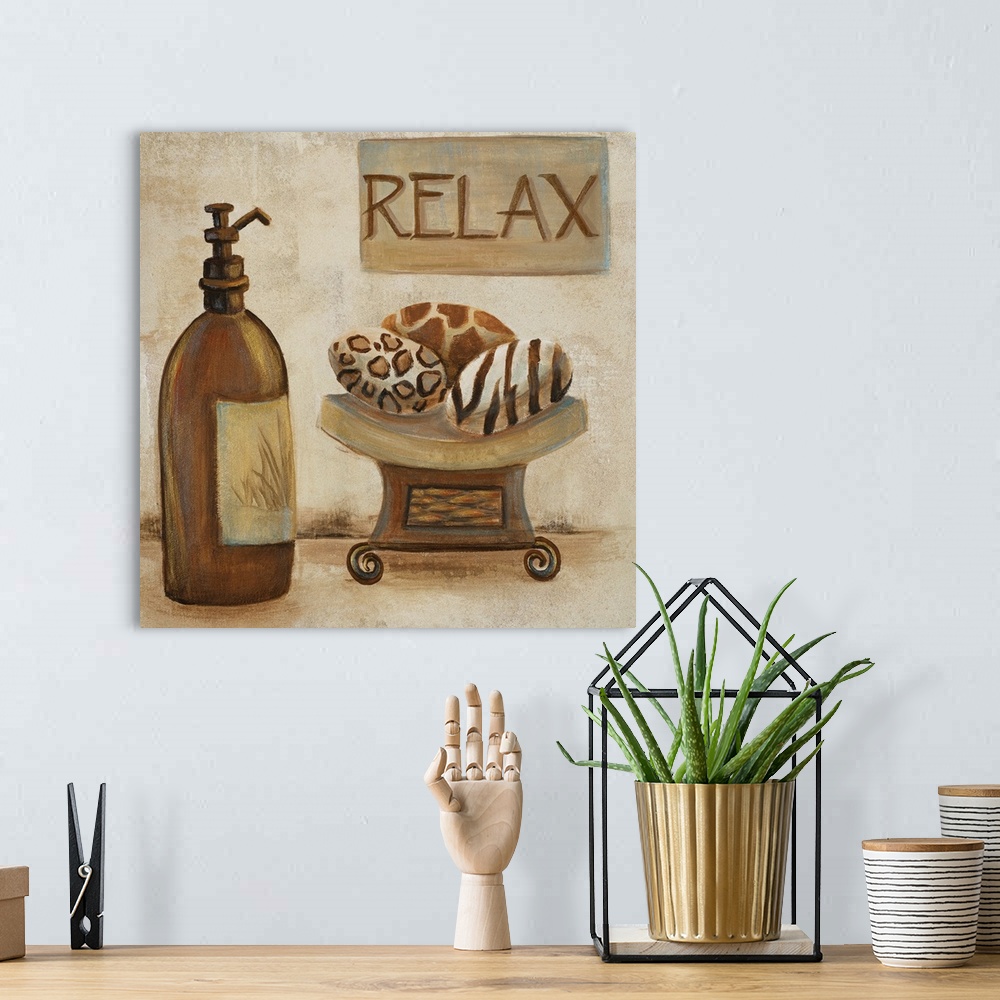 A bohemian room featuring Square painting of a lotion bottle, smooth soap bars and a relax sign on a grungy background.