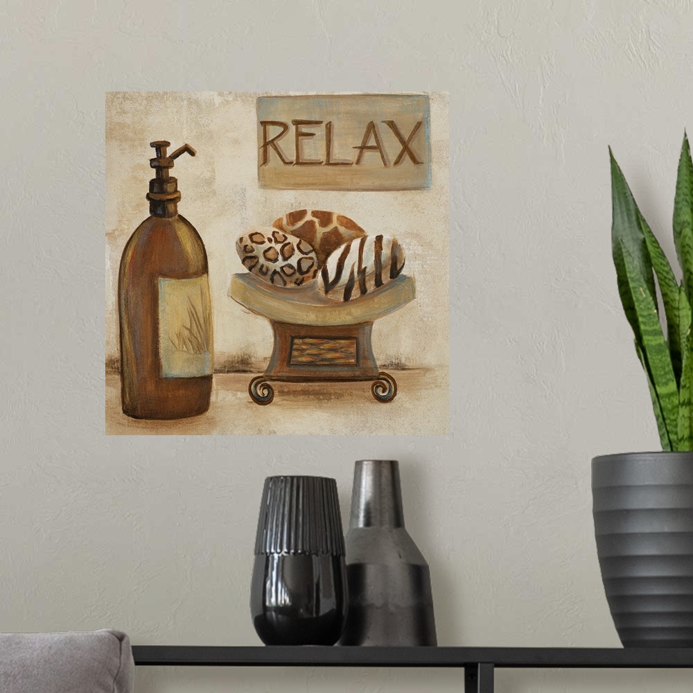 A modern room featuring Square painting of a lotion bottle, smooth soap bars and a relax sign on a grungy background.
