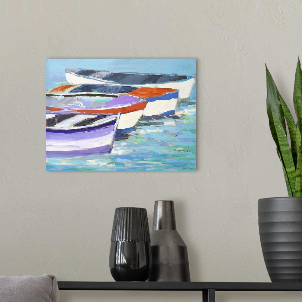 A modern room featuring Painting of four boats in a row on the water.