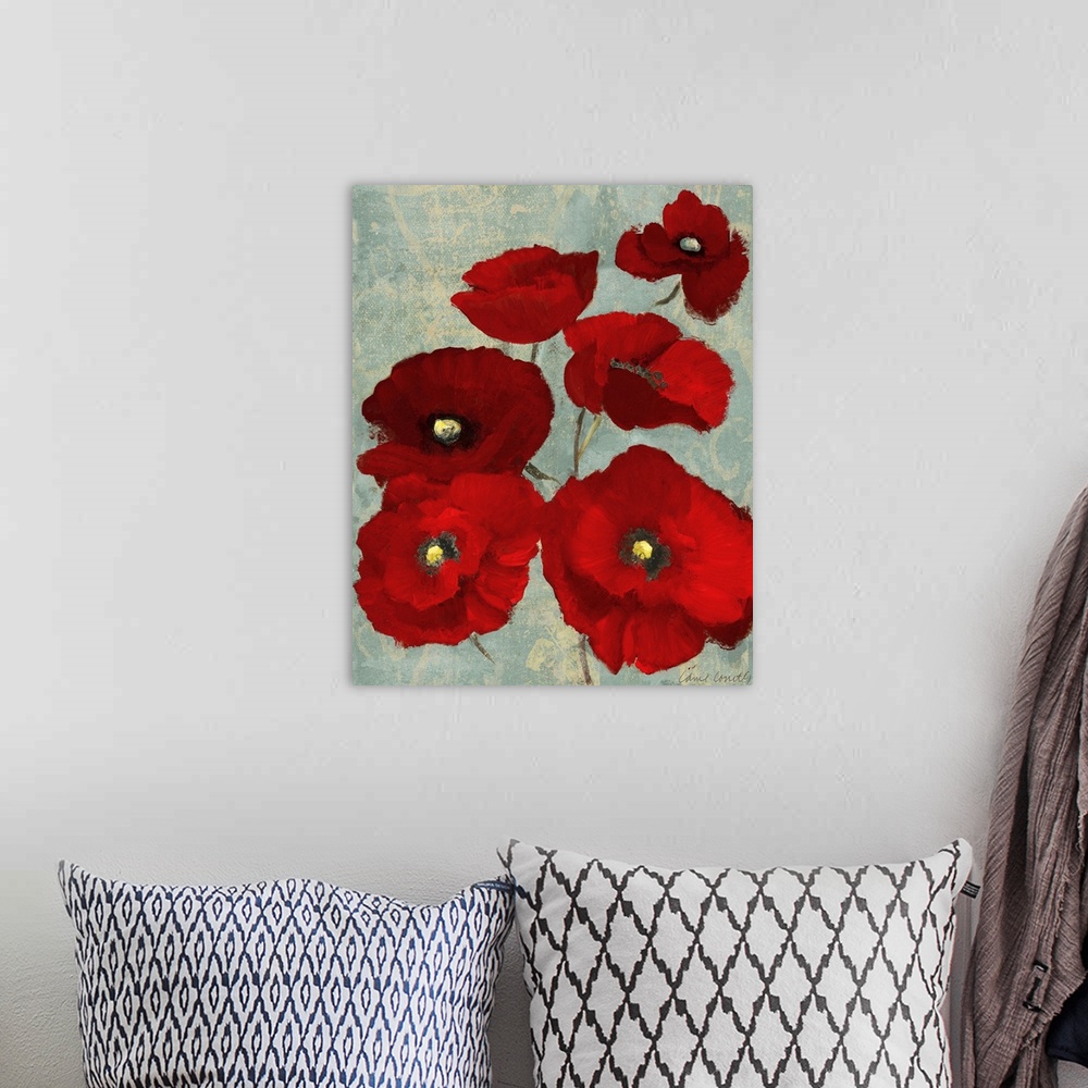 A bohemian room featuring Contemporary art piece of bright red poppy flowers on a textured cool background.