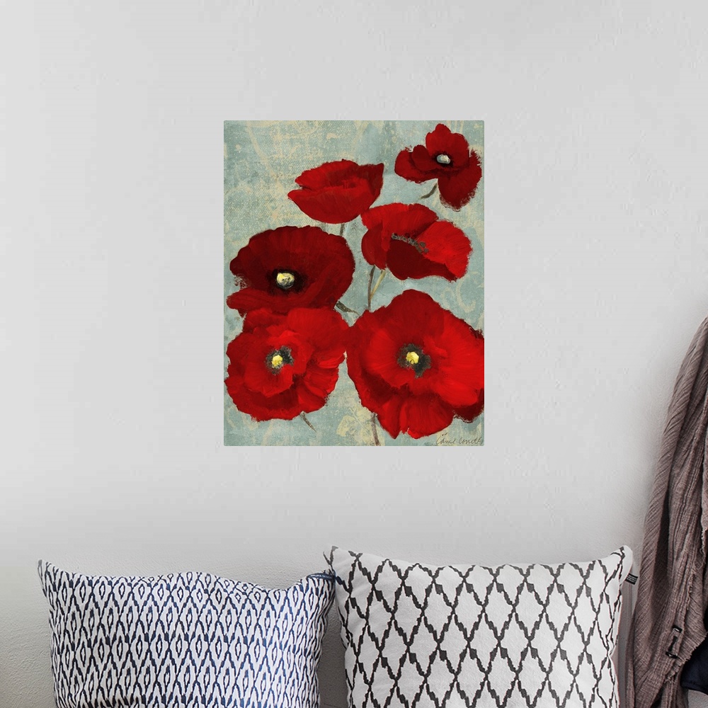 A bohemian room featuring Contemporary art piece of bright red poppy flowers on a textured cool background.
