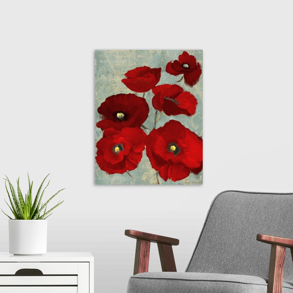 A modern room featuring Contemporary art piece of bright red poppy flowers on a textured cool background.