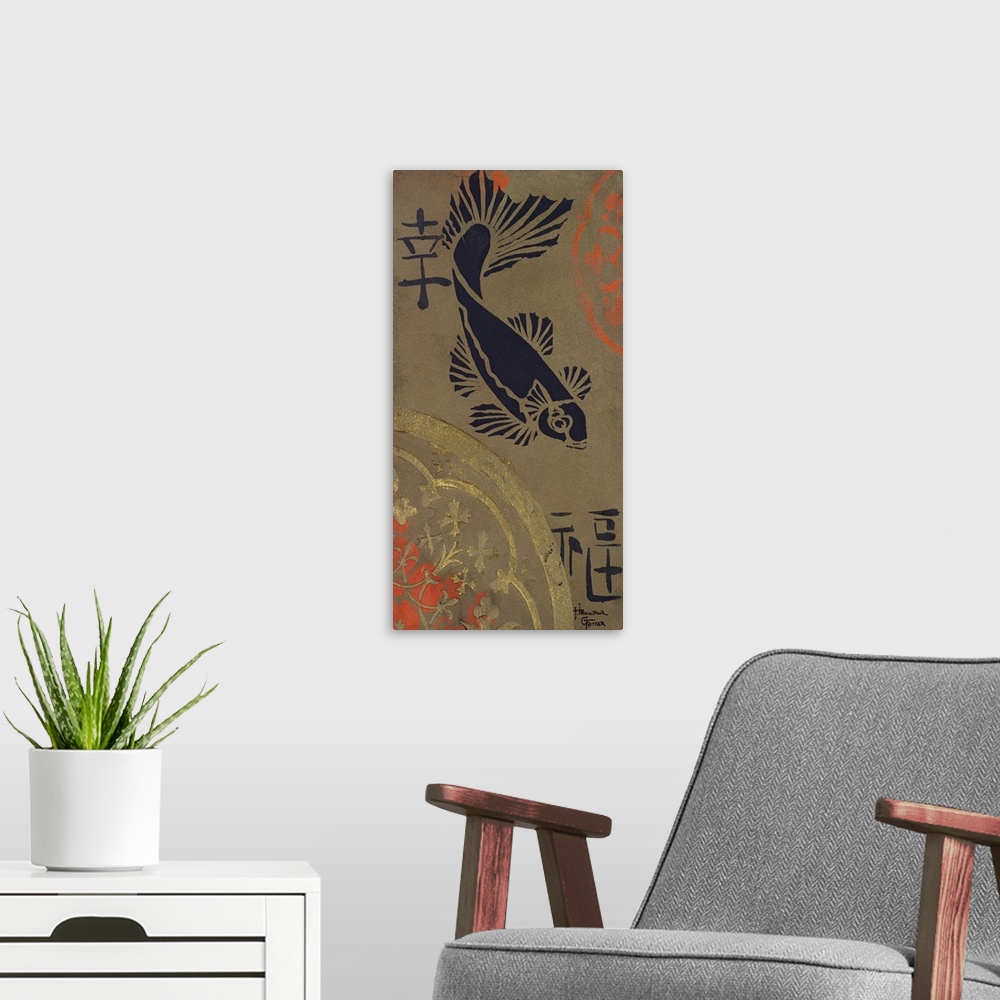 A modern room featuring Vertical painting on canvas of the silhouette of a koi fish and other various shapes and patterns...