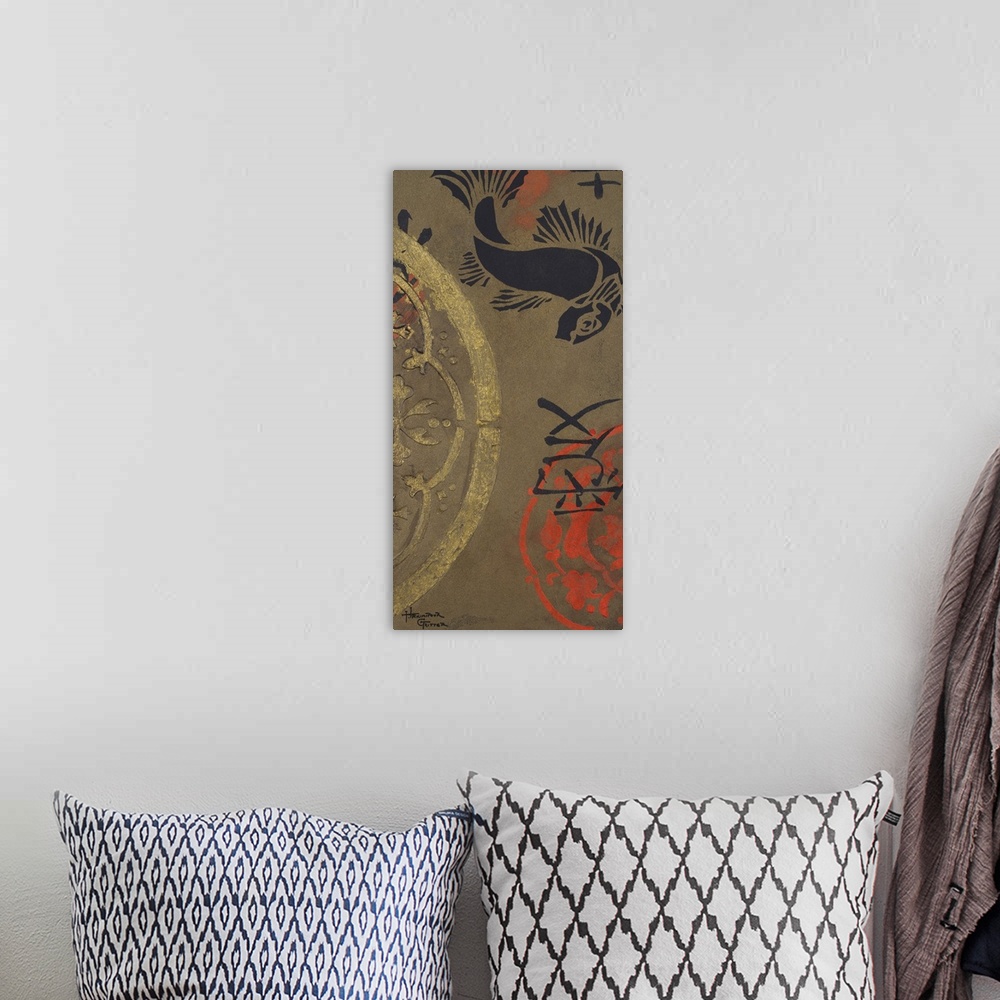 A bohemian room featuring Tall canvas print of a koi fish stencilled onto a canvas with various patterns.