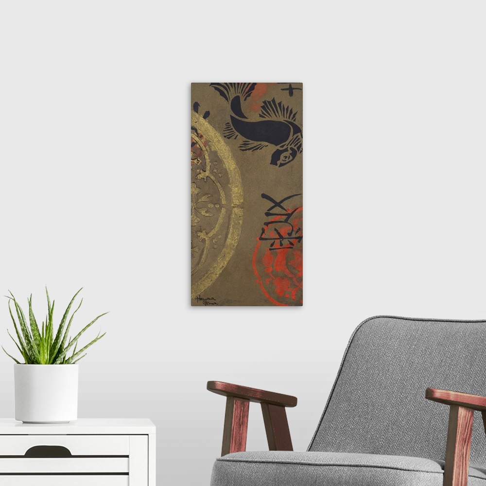 A modern room featuring Tall canvas print of a koi fish stencilled onto a canvas with various patterns.