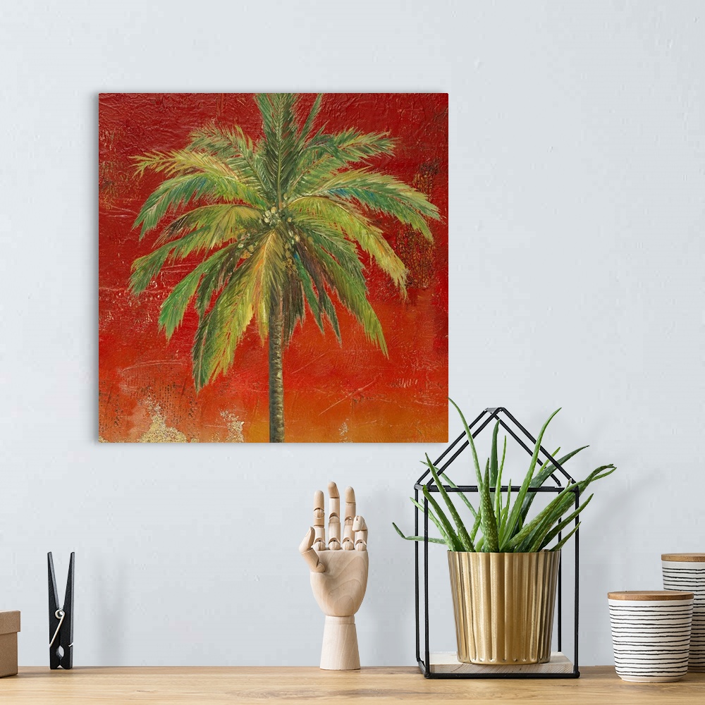 A bohemian room featuring This mixed media art work is a realistic painting of a palm tree against and abstract high textur...