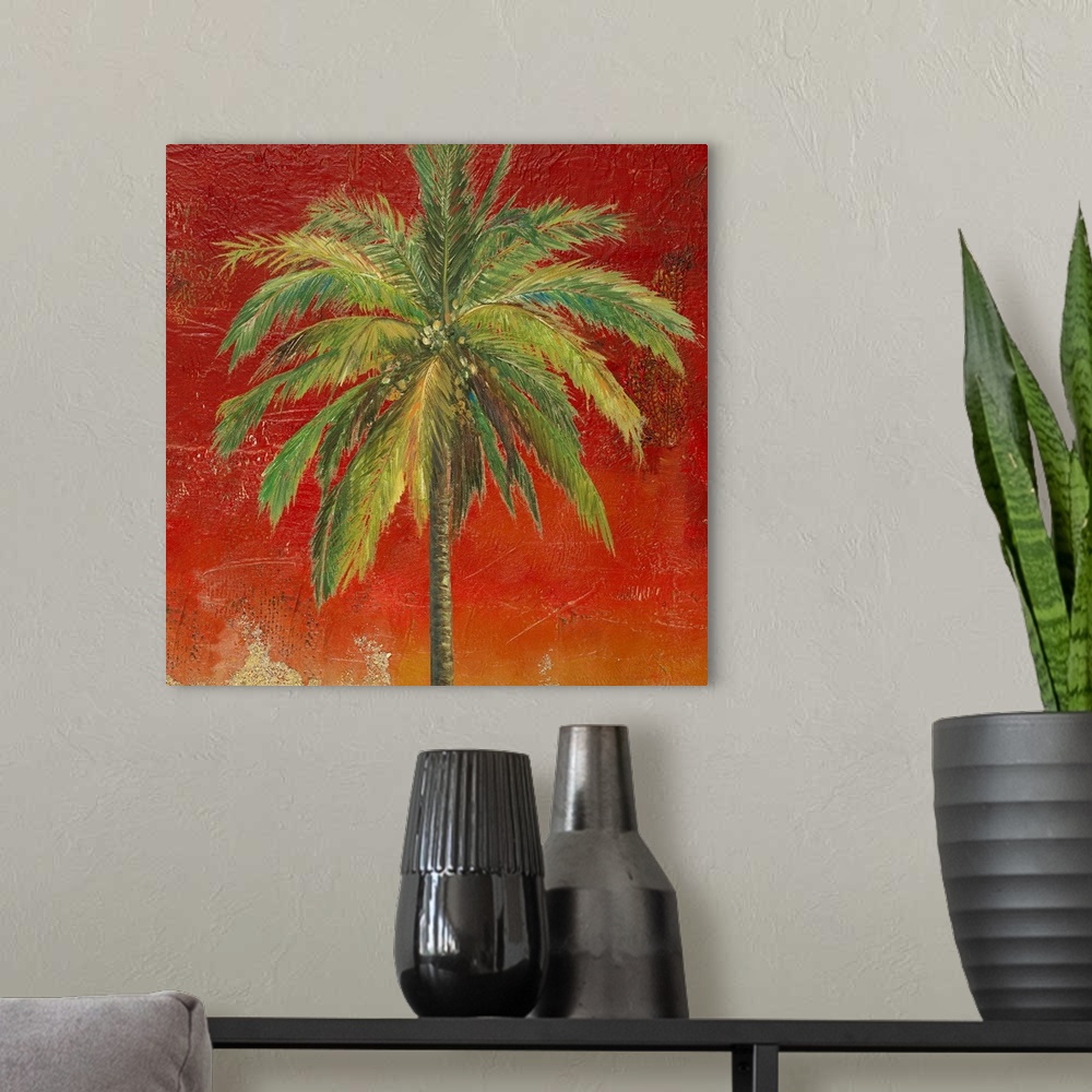 A modern room featuring This mixed media art work is a realistic painting of a palm tree against and abstract high textur...