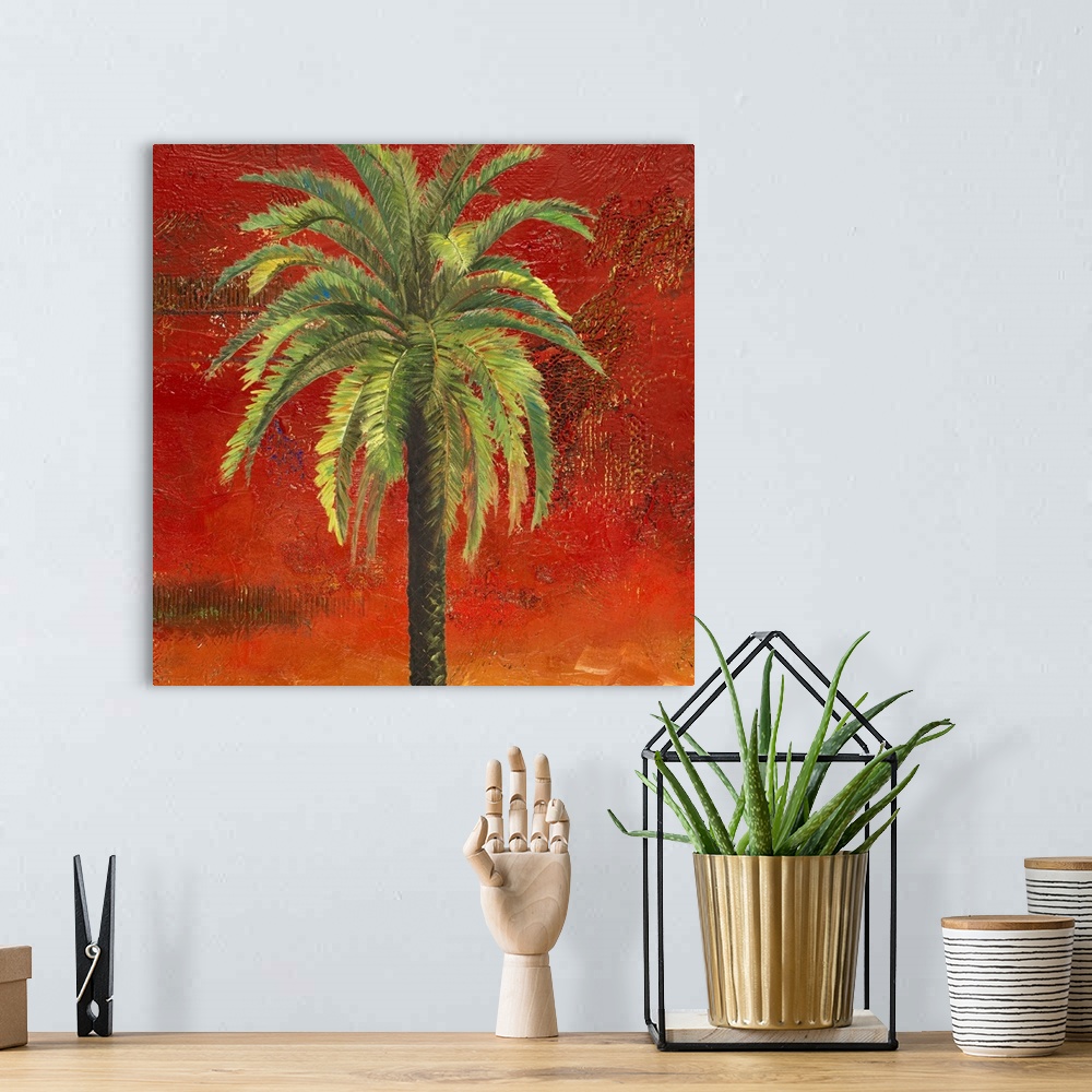A bohemian room featuring Square painting on canvas of a palm tree with a textured and grungy back drop.