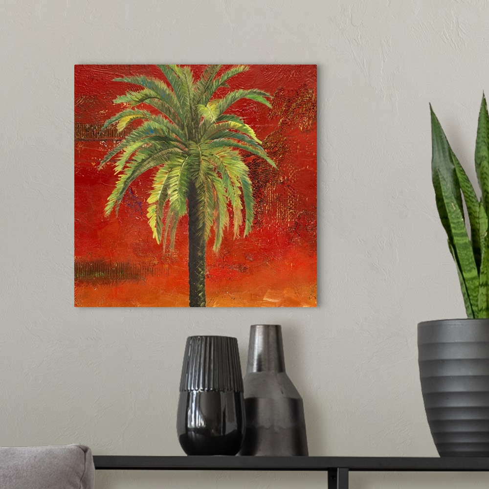 A modern room featuring Square painting on canvas of a palm tree with a textured and grungy back drop.