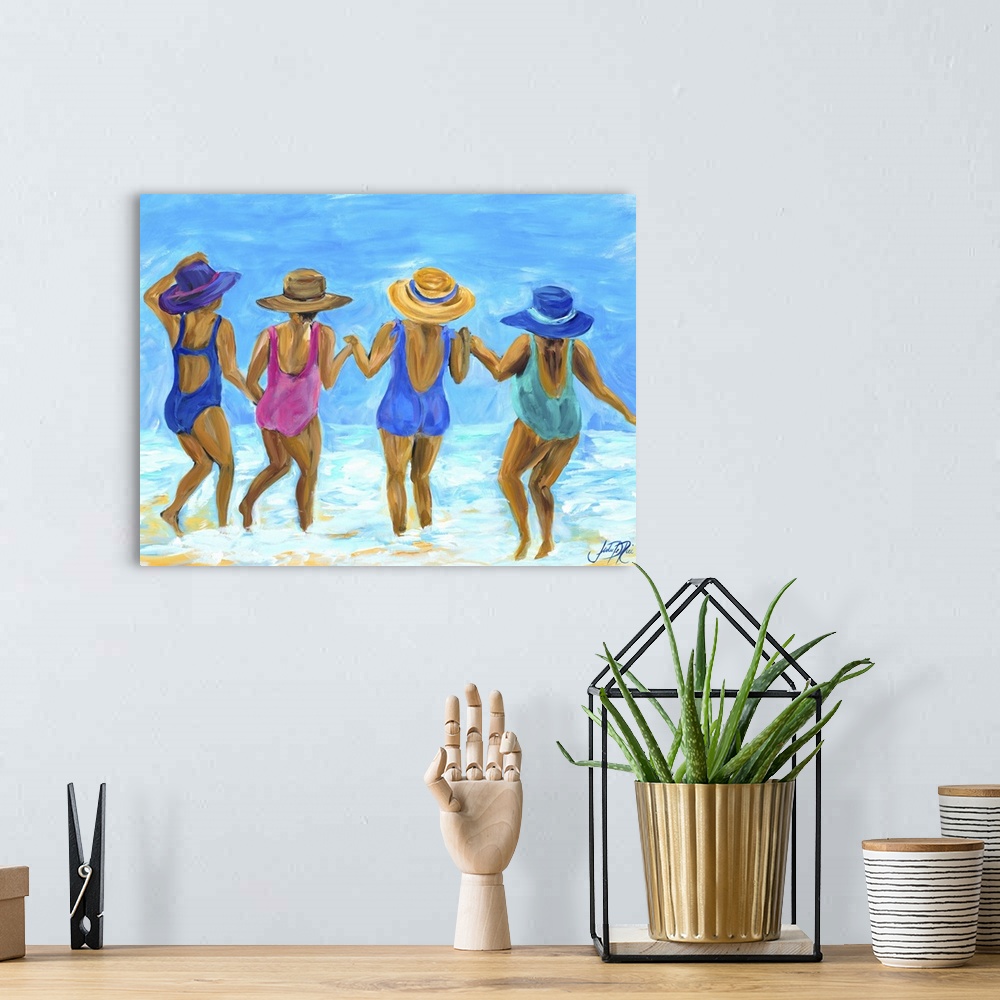 A bohemian room featuring Painting of four ladies in hats and swimsuits playing in the ocean.