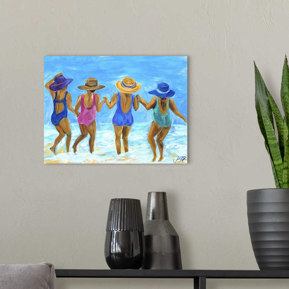 A modern room featuring Painting of four ladies in hats and swimsuits playing in the ocean.