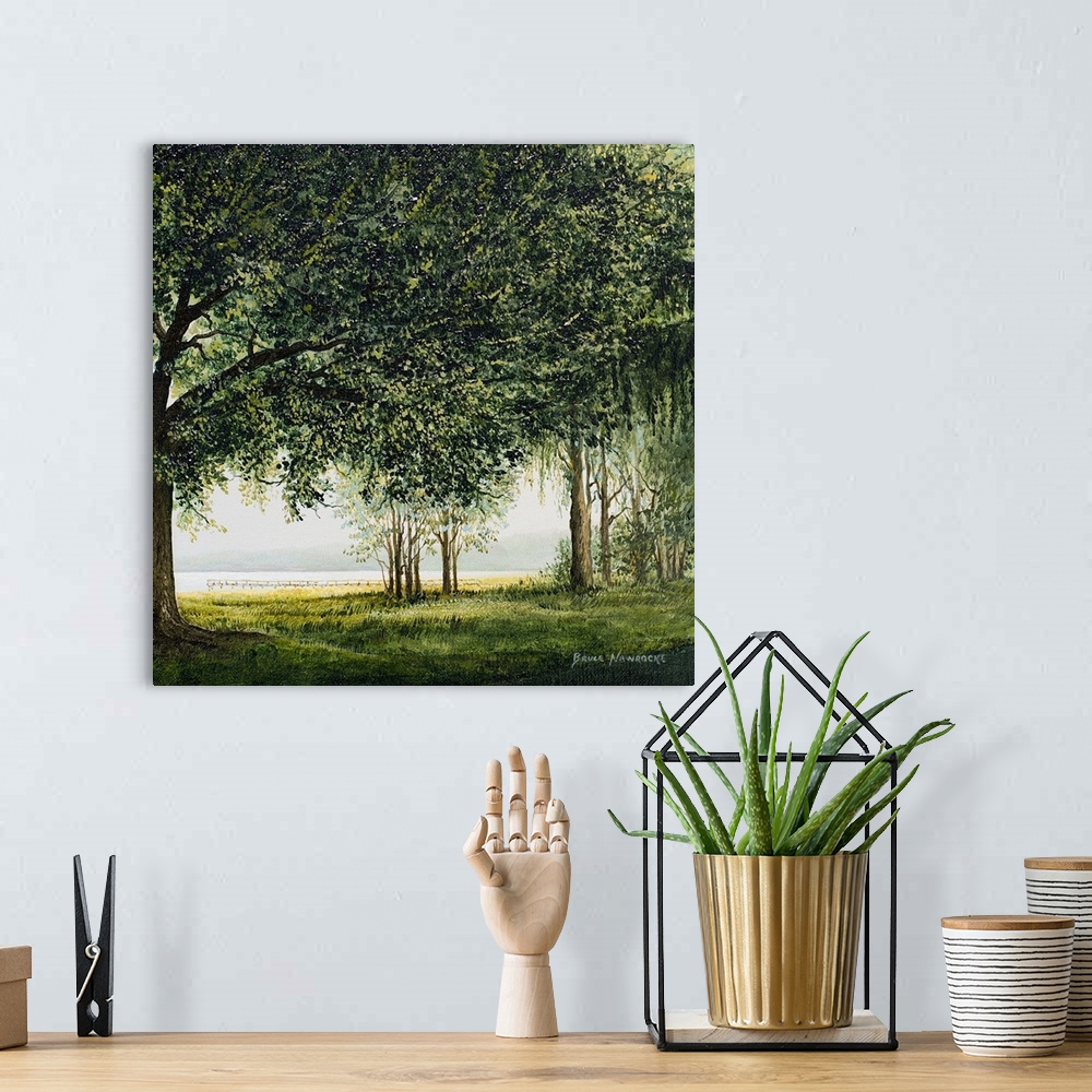 A bohemian room featuring Contemporary painting of trees along the edge of a lake.