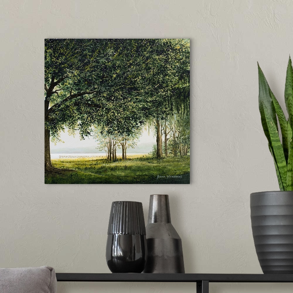 A modern room featuring Contemporary painting of trees along the edge of a lake.
