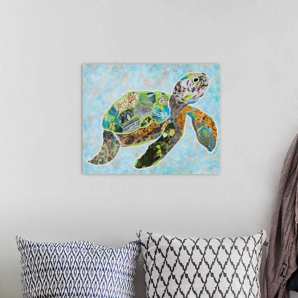 A bohemian room featuring Painting of a crab in green, blue, and yellow, collage style.
