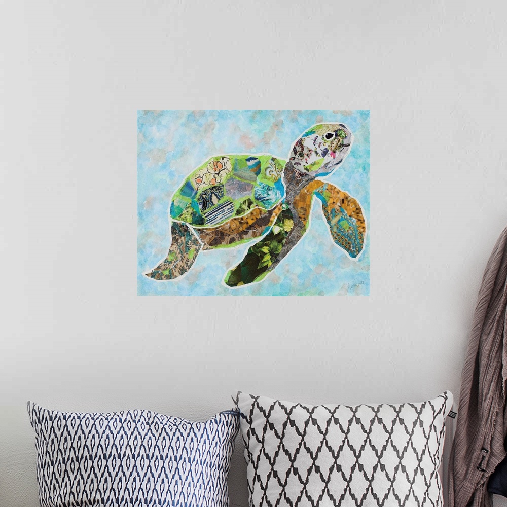 A bohemian room featuring Painting of a crab in green, blue, and yellow, collage style.