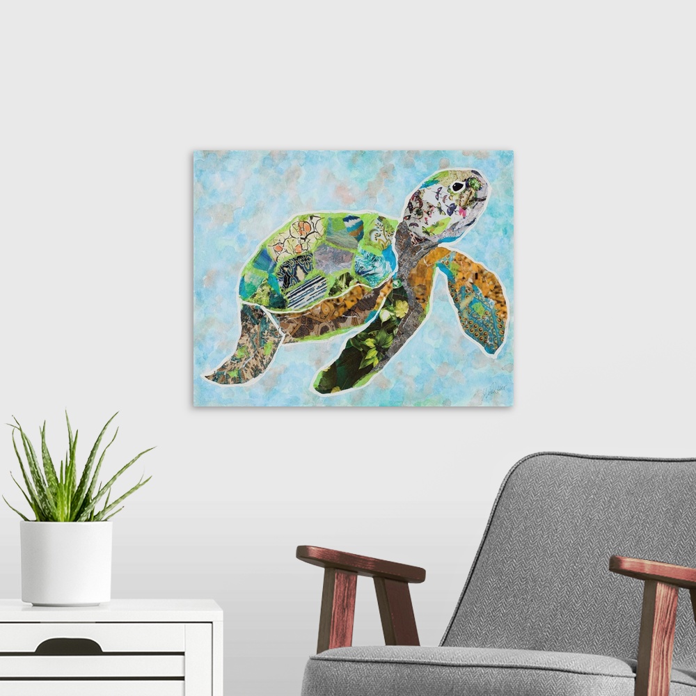 A modern room featuring Painting of a crab in green, blue, and yellow, collage style.