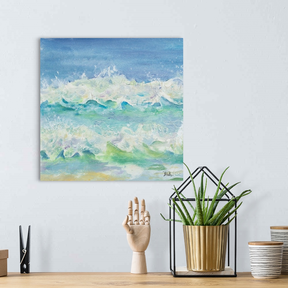A bohemian room featuring An abstract painting using cool tones to resemble ocean waves.