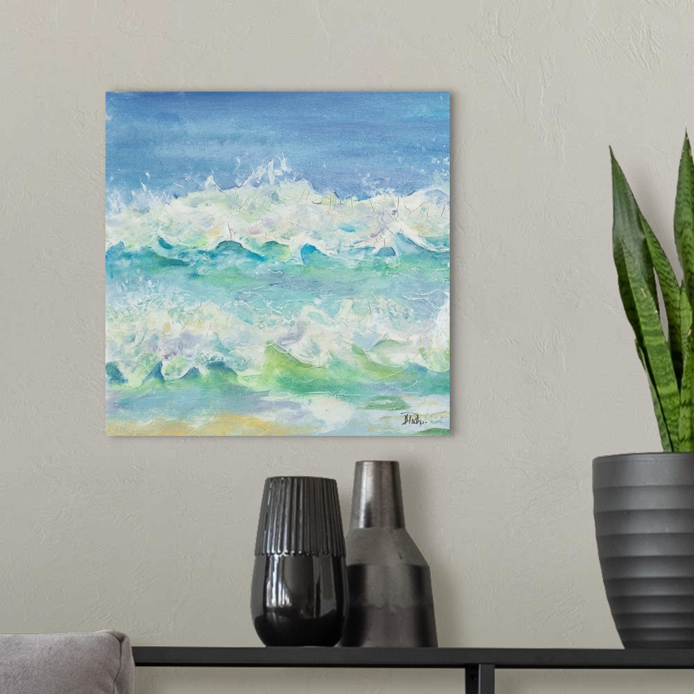 A modern room featuring An abstract painting using cool tones to resemble ocean waves.