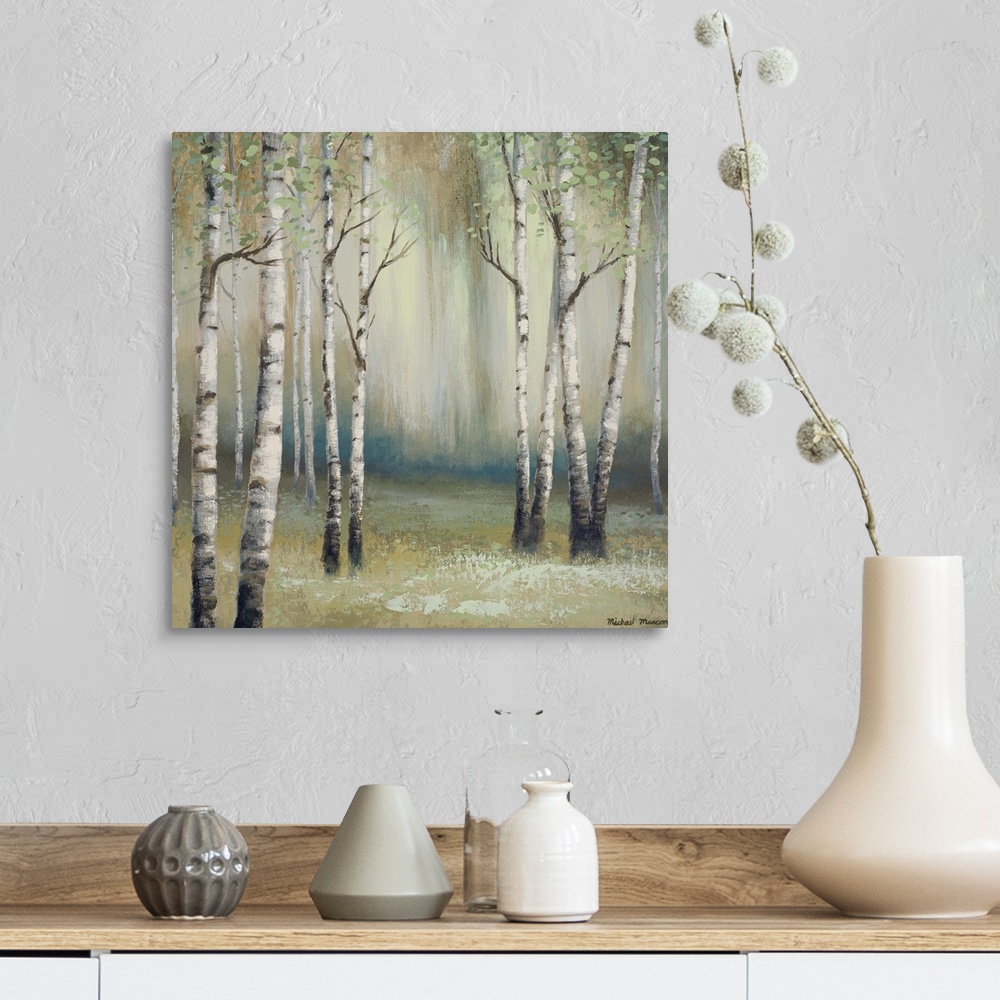 A farmhouse room featuring Painting of thin white birch trees in a dark eerie looking forest.